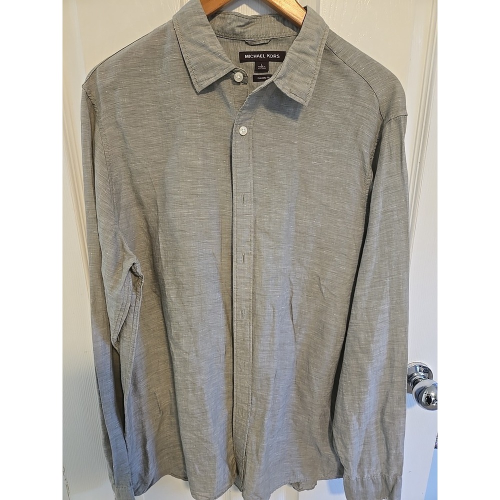 Michael Kors Men's Linen Blend Shirt L Sage Classic Fit Button Up Casual Dressy